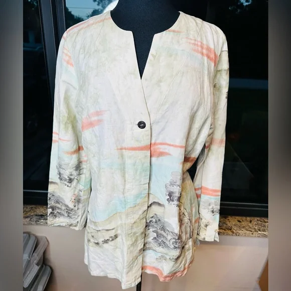 Citron Beige Tunic Landscape Scenery Silk Linen Blend Button Down Size Large - Picture 2 of 8